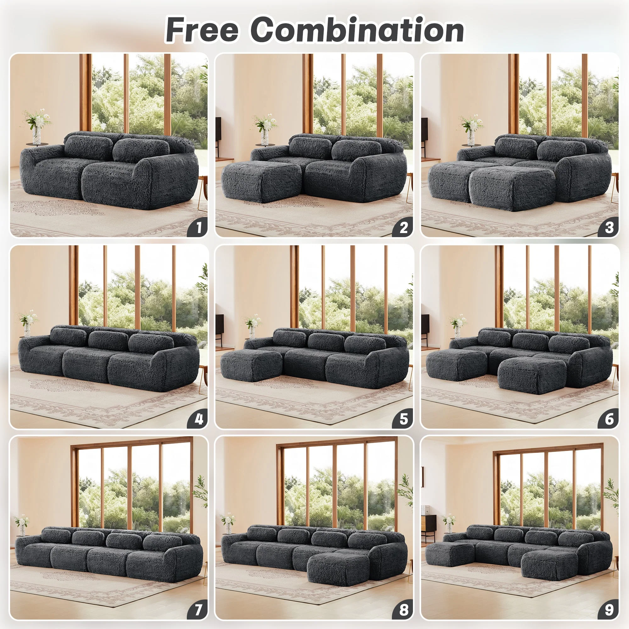 Soft Teddy Plush Ergonomic Design L-shaped Loveseat Sofa with Ottoman