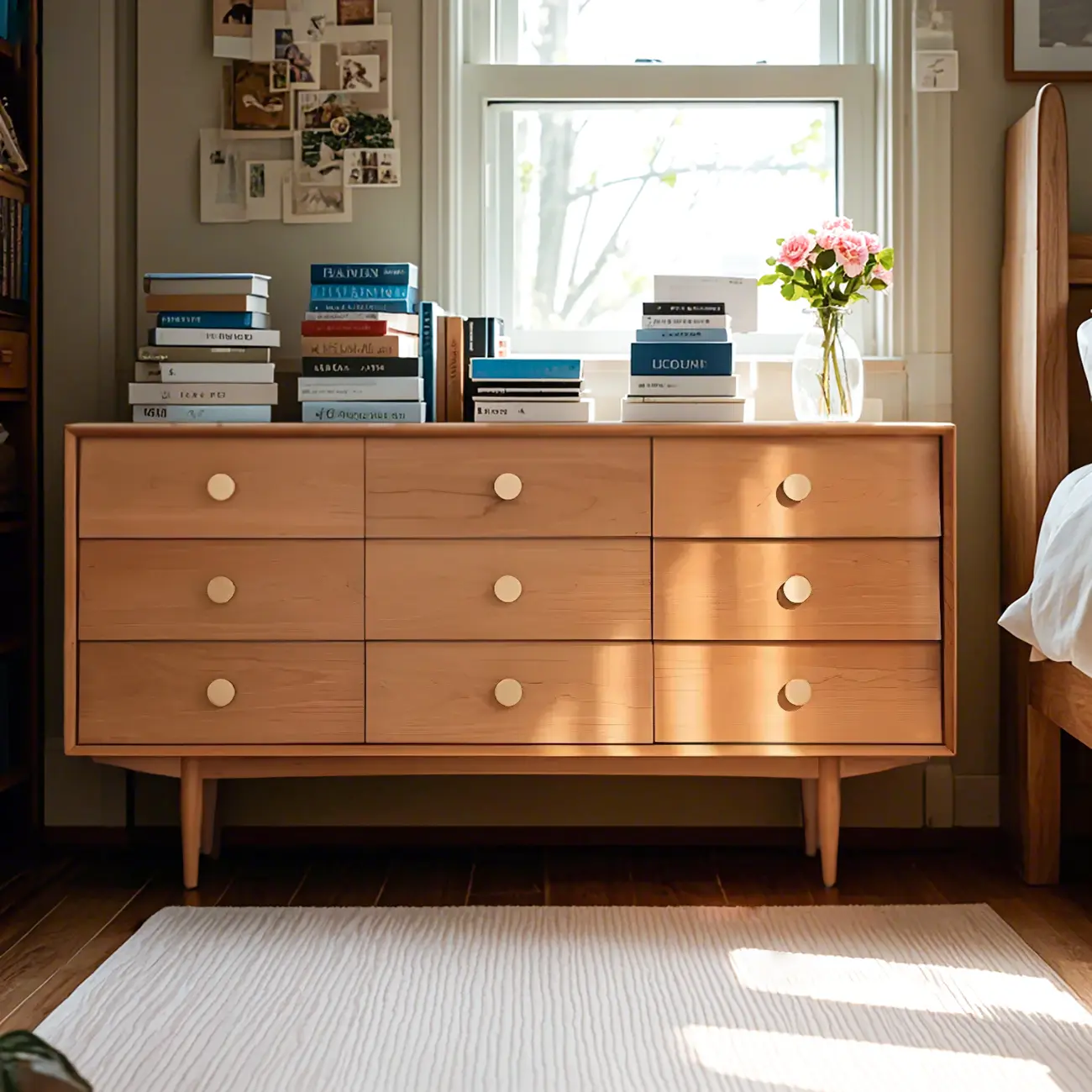 Contemporary Extra Wide Brown Pine Wood 9-Drawer Dresser