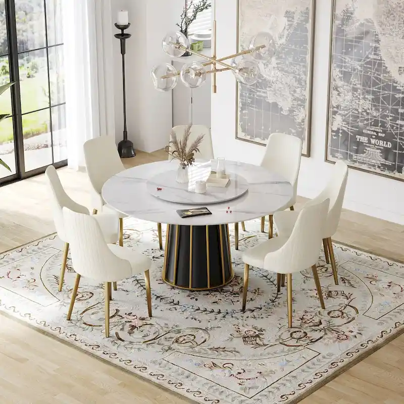 59 White Round Dining Table with Lazy Susan, Sintered Stone Tabletop - N/A
