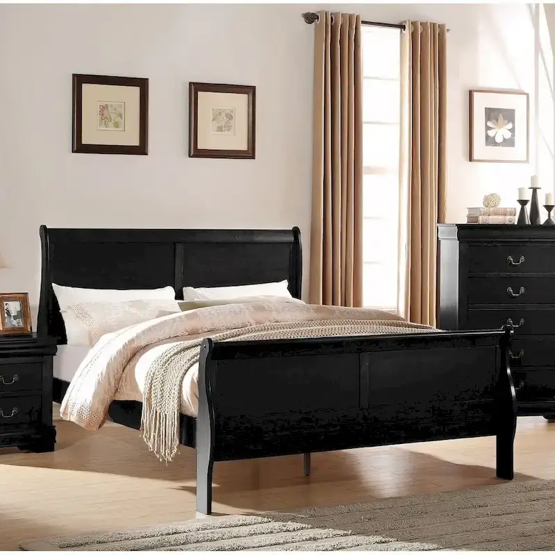 Black King Size Transitional Solid Wood Bed with Veneers and Brass Hardware
