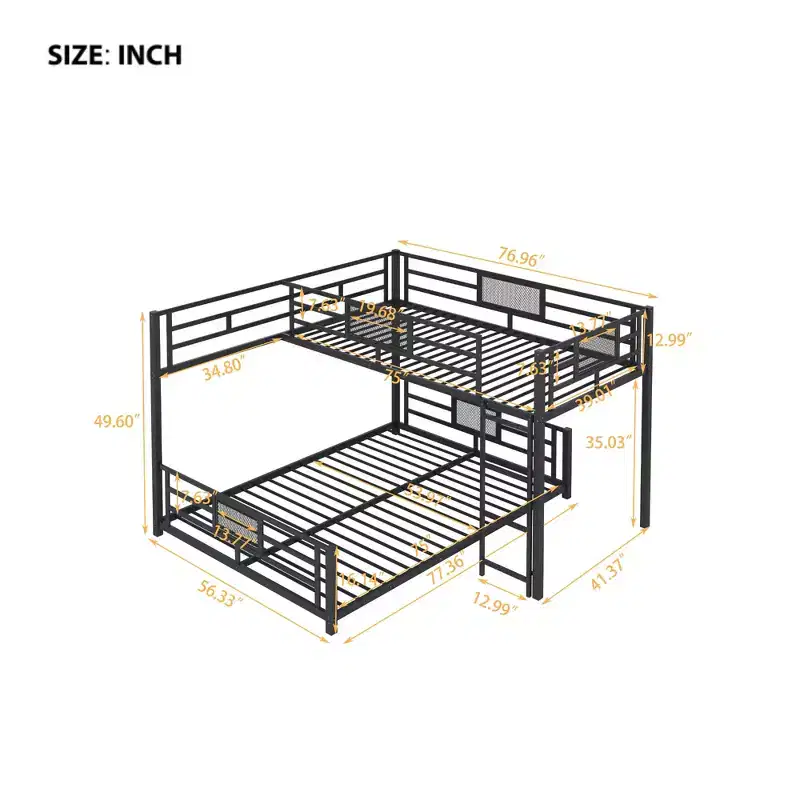 Twin over Full L-shaped Metal Bunk Bed with Ladder and Guardrail -ModernLuxe