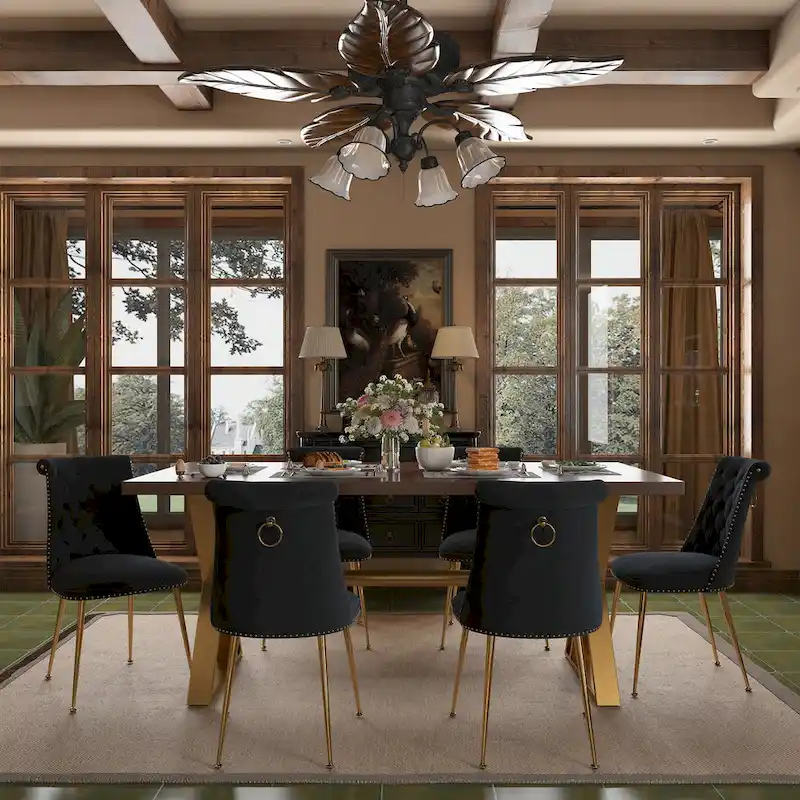 7-Piece Clihome Walut Wood Dining Table with Velvet Chair Dining Chair