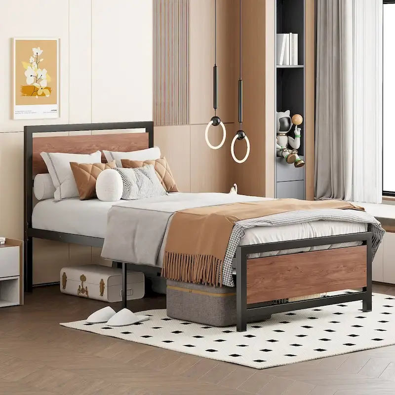 Roomfitters Twin Size Platform Bed, Metal and Wood Bed Frame with Headboard and Footboard