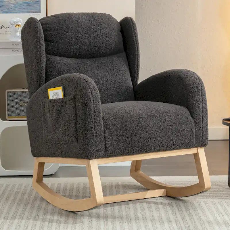 Teddy Fabric Rocking Chair With Packet Wood Legs For Living Room