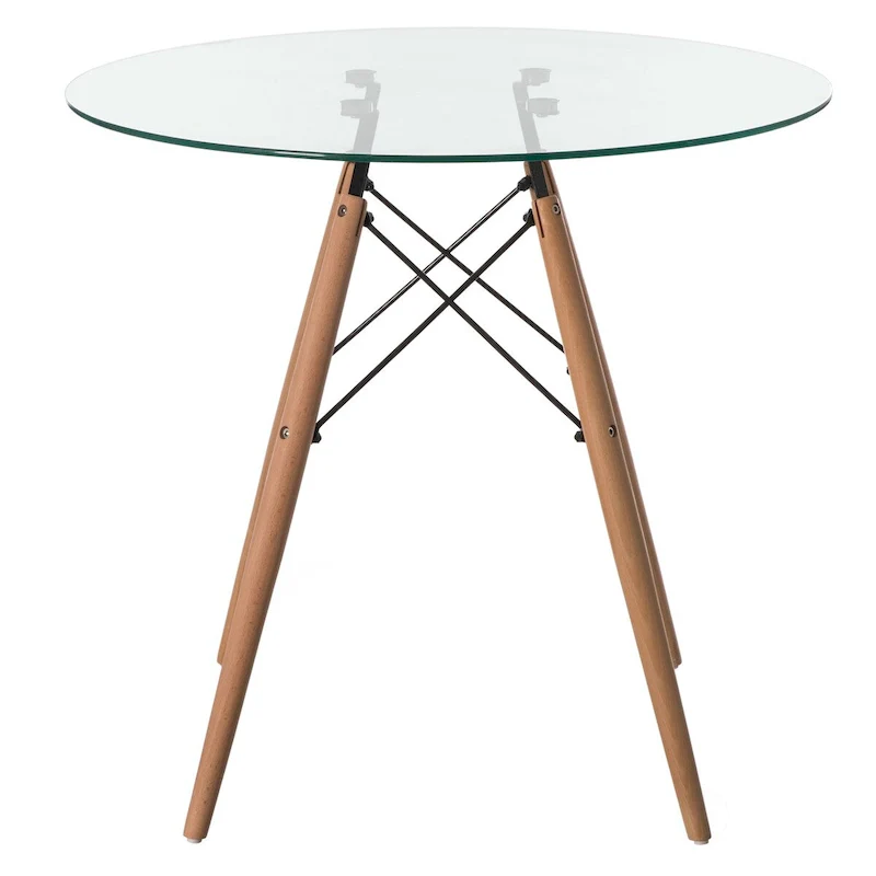 Round Clear Glass Top Accent Dining Table with 4 Beech Solid Wood Legs