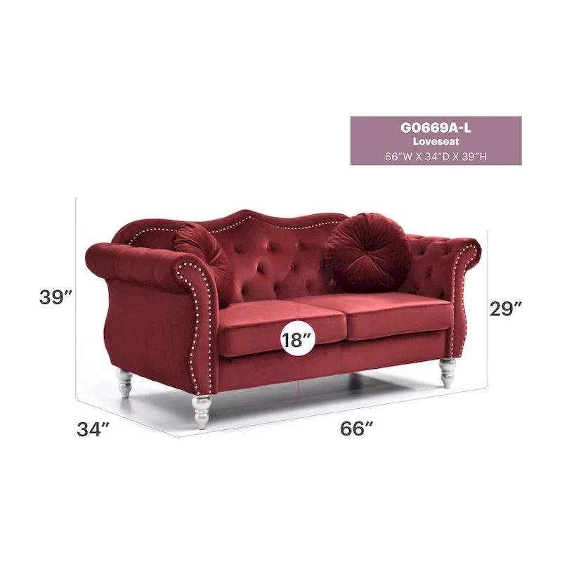 Hollywood 68 in. Velvet Chesterfield Loveseat with 2-Throw Pillow - 68L x 35W x 34H