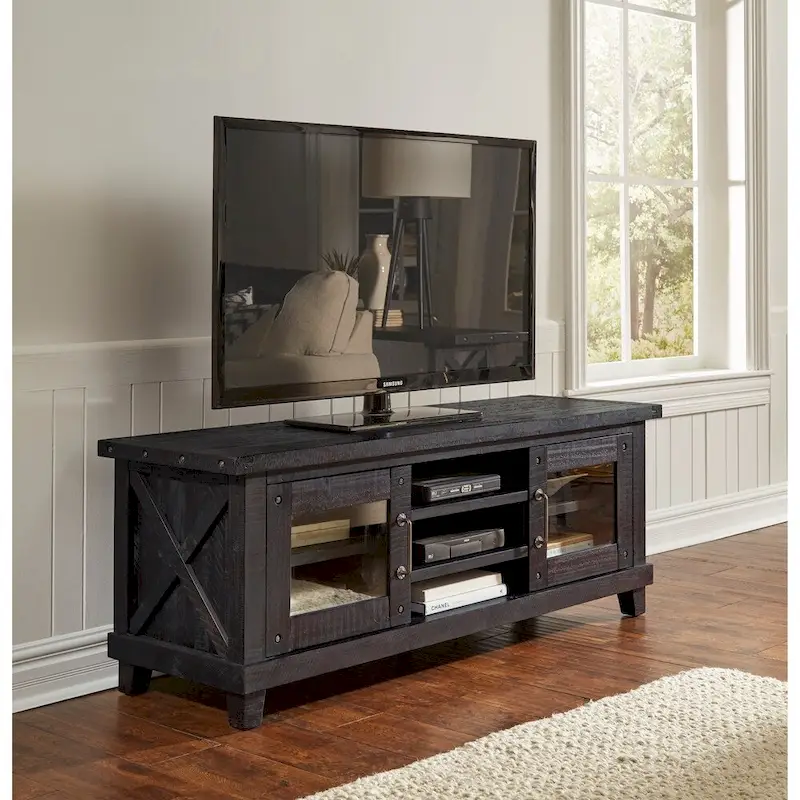 Three Open Shelves Entertainment Center with Exposed Bolts and Cross Bracing, Brown