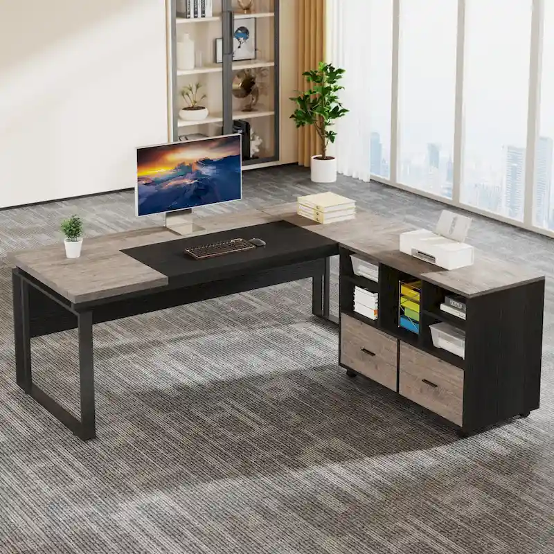 L-Shaped Executive Desk with File Cabinet