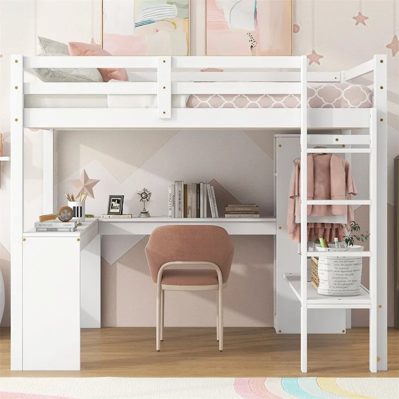 Full Size Loft Bed with L-shaped Desk,Wardrobe and Storage Shelves