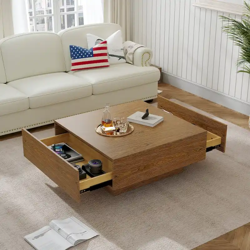 35.43 Square Wood Coffee Table with 2 Drawers, Brown Wood Texture - 35.43