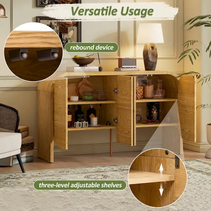 Wooden Sideboard Buffet Cabinet with Curvy Edge & Adjustable Shelves