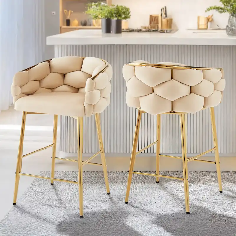 Set of 2 Bar Stools with Velvet Padded Seat and Metal Legs