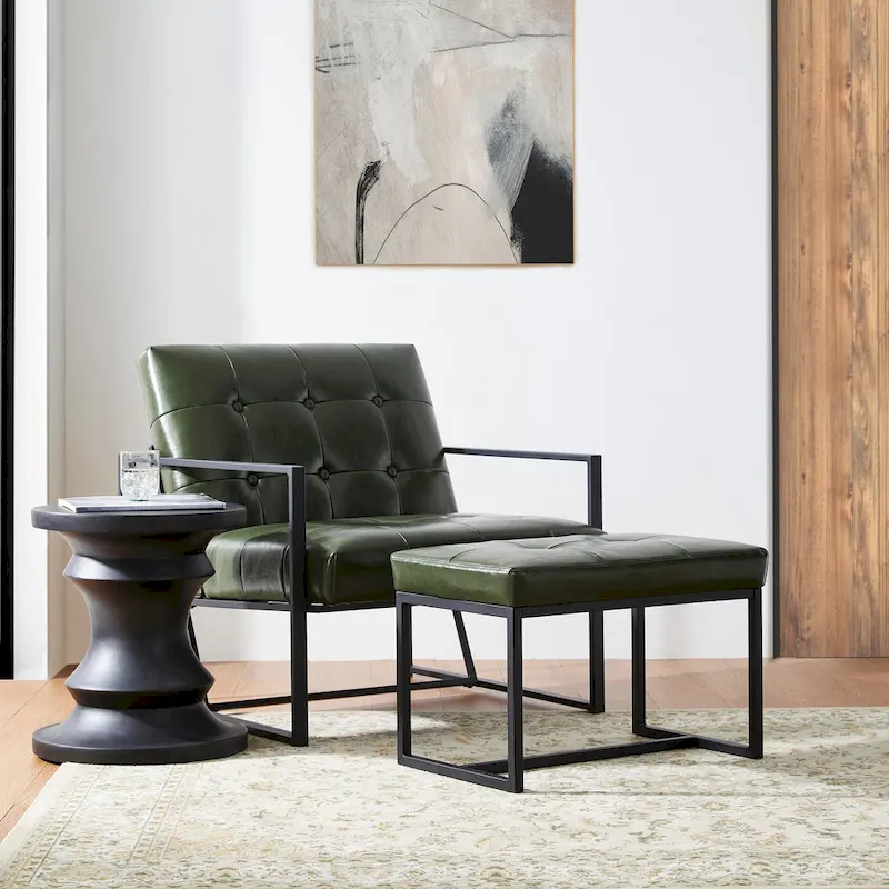 Glitzhome Set of 2 24 W Modern PU Leather Button-tufted Ottoman Foot stool