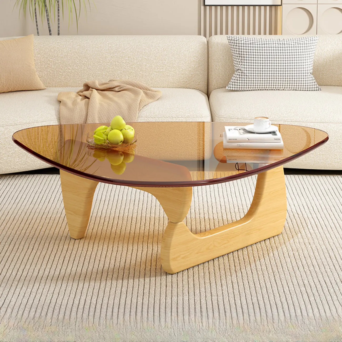 Triangular Wood Glass Top Coffee Table