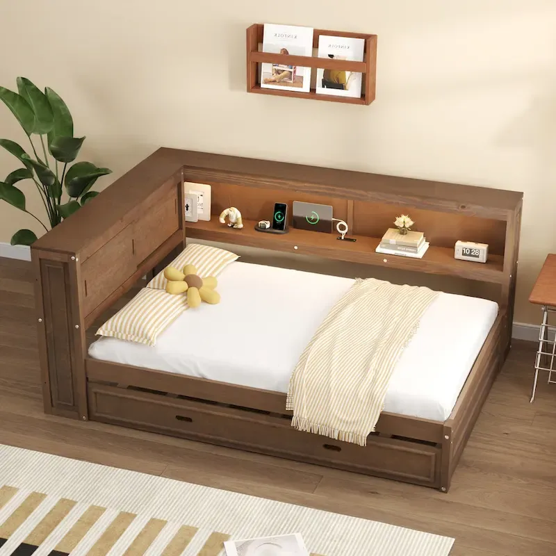 Full Daybed with Shelves, USB Charging, LED Lights & Twin Trundle