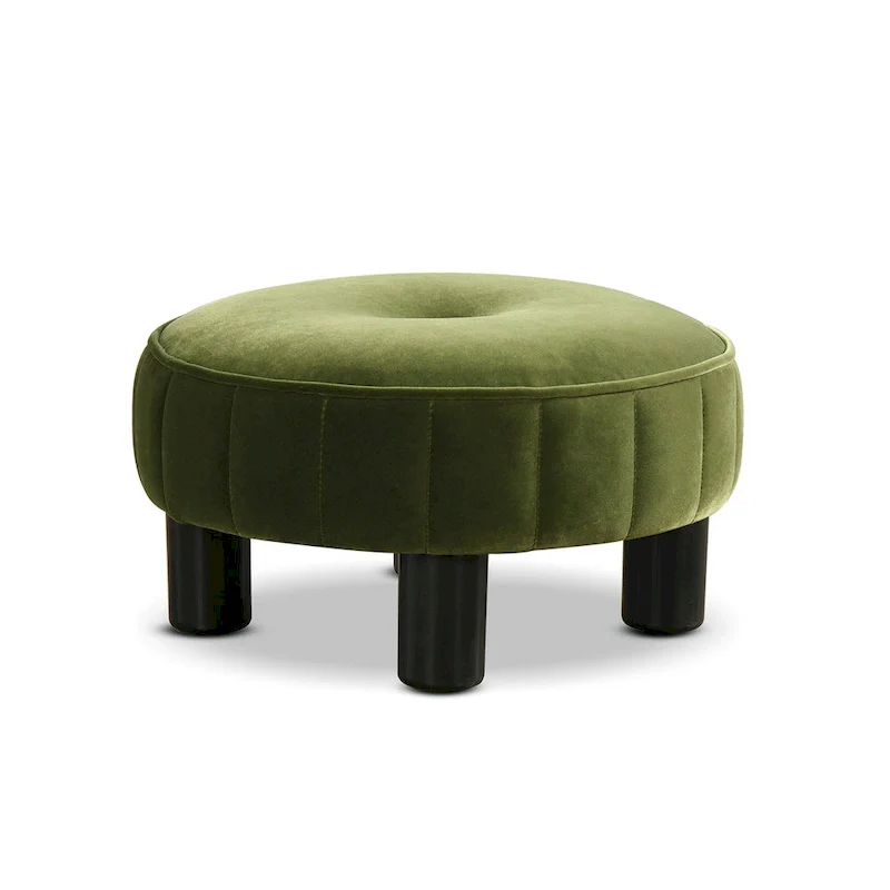 Round Footstool Ottoman - 16 Diameter, Vertical Tufted, Black Legs, Mid-Century Modern, 200 lbs