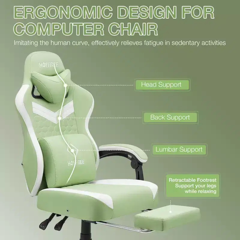 Hoffree Breathable Fabric Massage Gaming Chair Ergonomic Office PC Chair with Footrest & Adjustable
