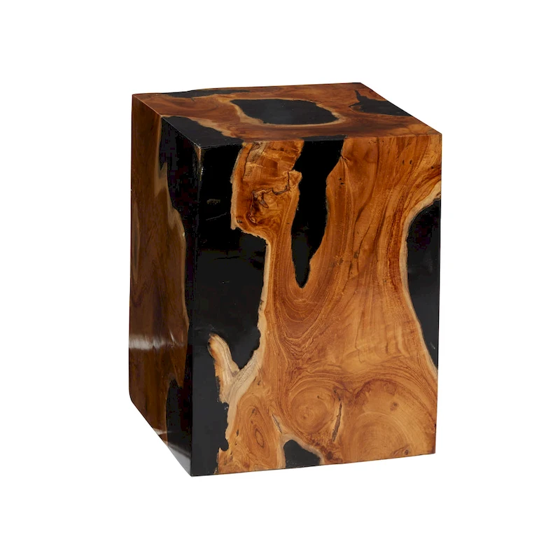 Teak Wood Block Accent Table with Black Resin Inlay - Brown - Roche River Decor - 11 Wx12 Lx15 H