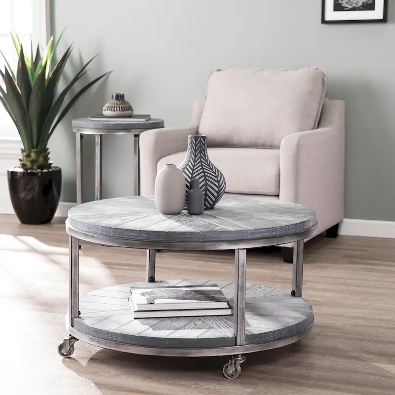 SEI Furniture Kenya Industrial Rustic Round Wood Coffee Table with Shelf