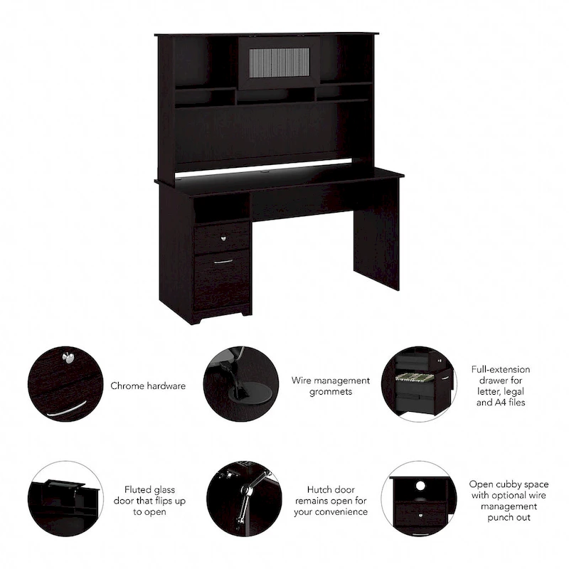 Cabot 60W Computer Desk with Hutch in Espresso Oak by Bush Furniture