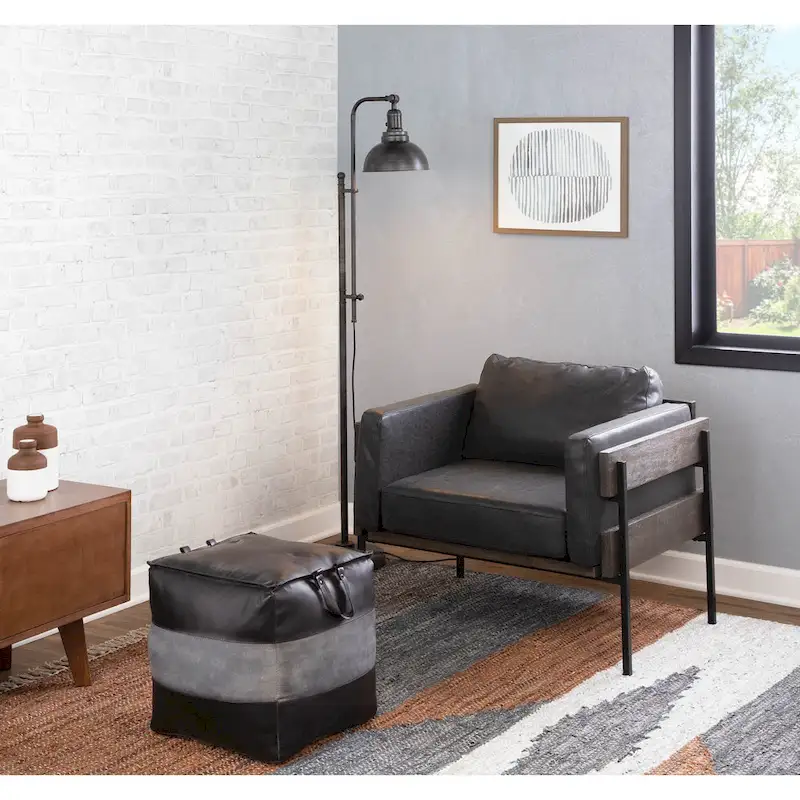 Carbon Loft Najah Industrial Pouf Ottoman in Leather and Canvas