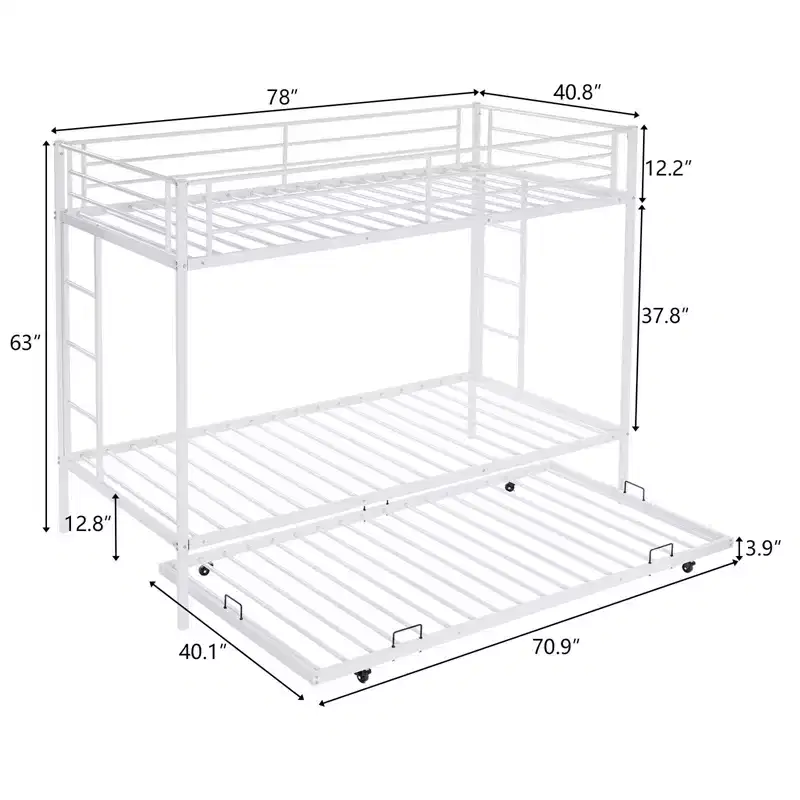 Karl Home Blcak Twin over Twin Bunk Bed with Trundle, Heavy Duty Metal Bed Frame with Safety Rail Side Ladders