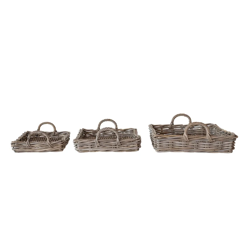 Decorative Woven Rattan Trays with Handles, Set of 3 - 24.0 L x 18.5 W x 3.9 H