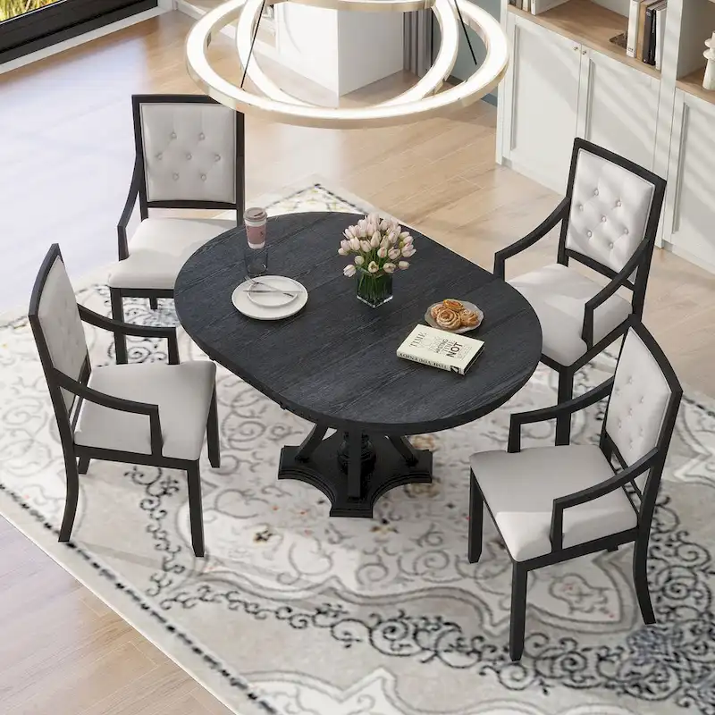 Black 5-Piece Wooden Dining Table Set with Extendable Round Table & 4 Armchairs