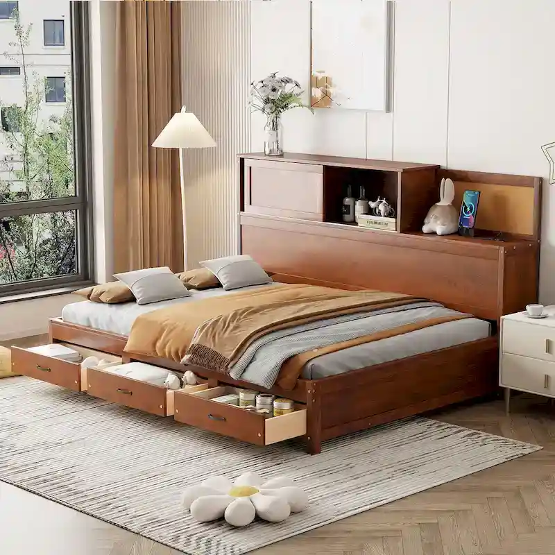 All-in-one Captains Bed Built-in Sockets and USB Ports Wooden Daybed with 3 Bottom Drawers and Pushable Top Storage Cabinet