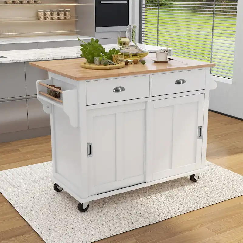 Kitchen Cart with Rubber wood Drop-Leaf Countertop, Concealed sliding barn door adjustable height,Kitchen Island on 4 Wheels