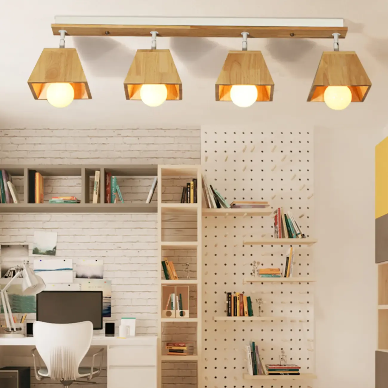 4-Light Wood Fixed Track Lighting Modern LED Adjustable Head