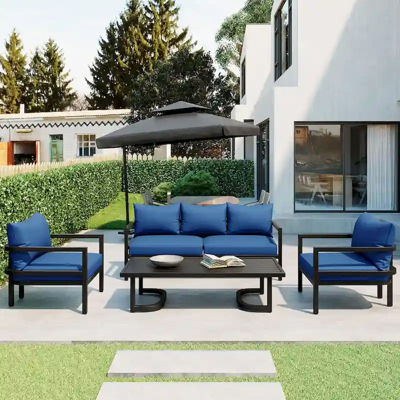 4-Piece Outdoor Steel Patio Sectional with Table and Cushions