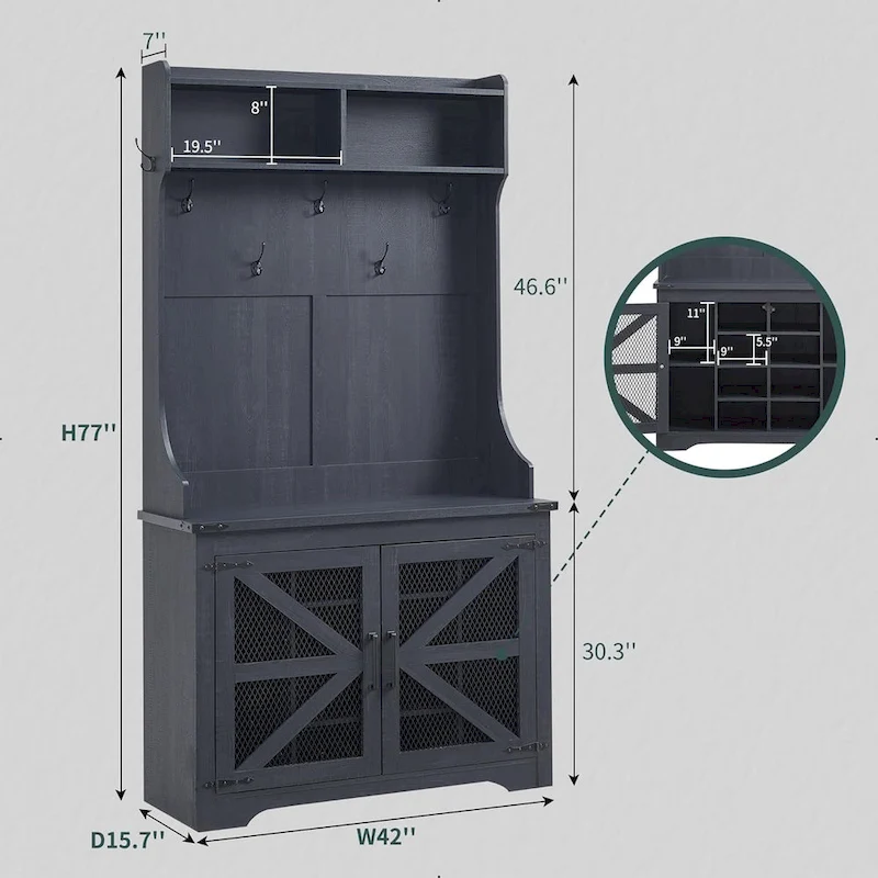 42  Wide Farmhouse Entryway Bench with Coat Rack, Mudroom Cabinet