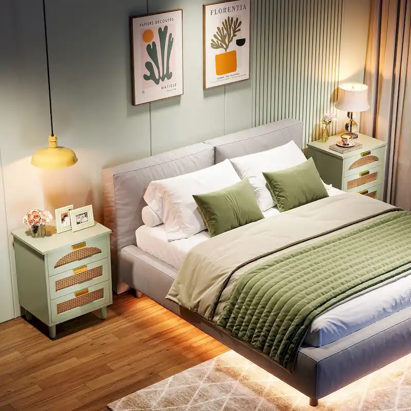 Wood and Rattan 3-Drawer Nightstand with Metal Handles