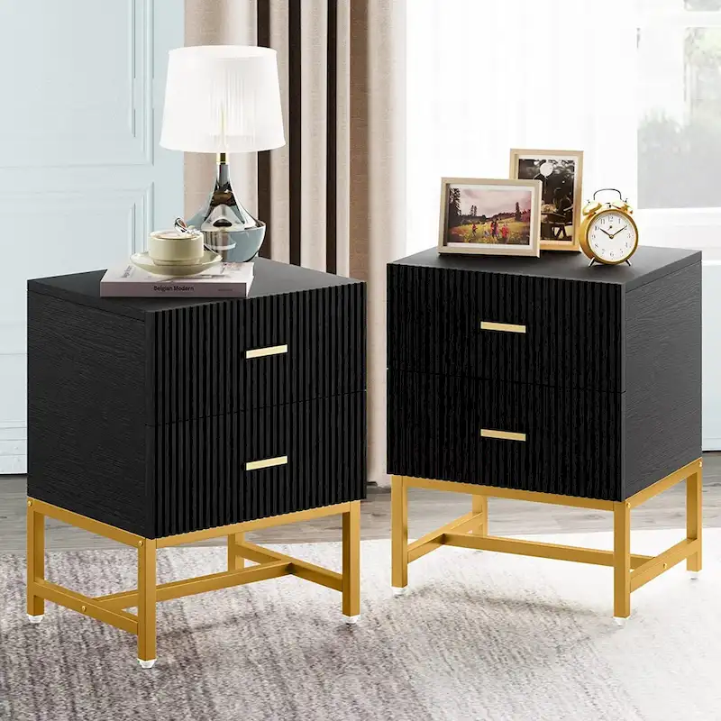 2-Drawer Nightstand, Modern Black and Gold Bedside Table for Bedroom