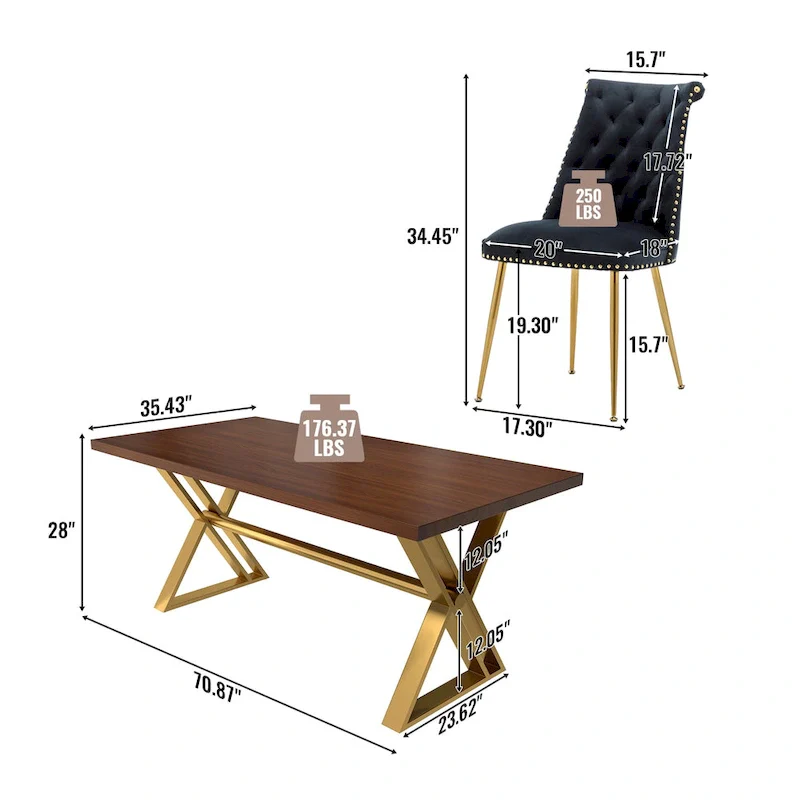 7-Piece  Walut Wood Dining Table with Velvet Chair Dining Chair