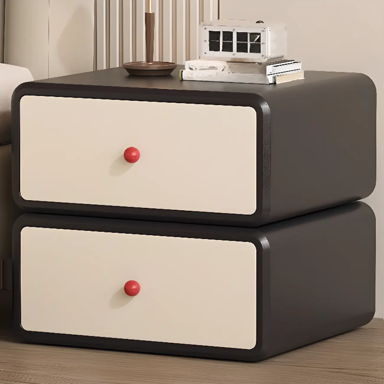 Art Deco Wood Faux Leather Red-Ball Pulls 2-Drawer Nightstand