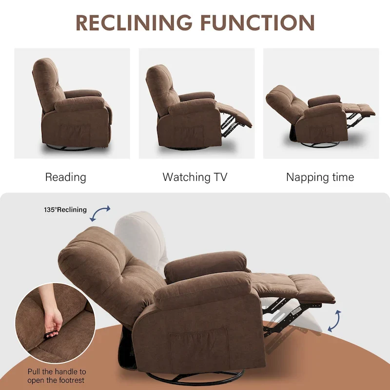 360 Linen Swivel Rocker Recliner with Side Pockets