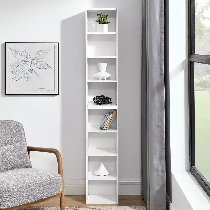 MAYEERTY 8 TierMedia Tower Rack Tall Narrow Bookcase Display Bookshelf with Adjustable Shelves for Home Living Room White