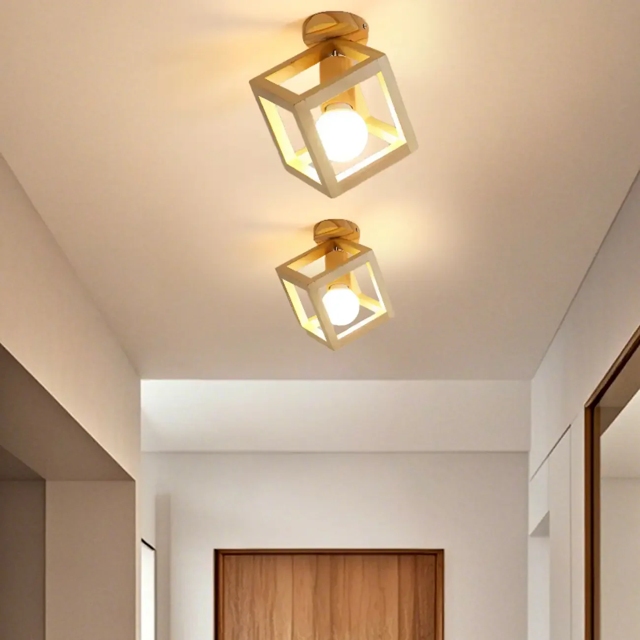 Natural Rubber Wood Cube Shade Semi Flush Ceiling Light
