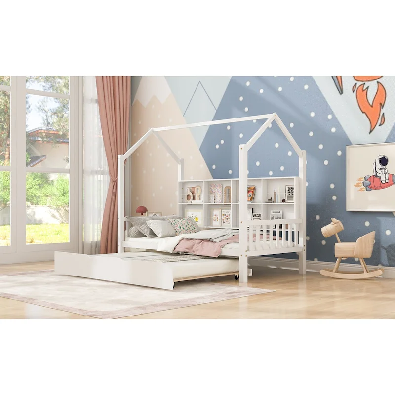 Wooden Twin Size House Bed with Trundle,Kids Bed with Shelf