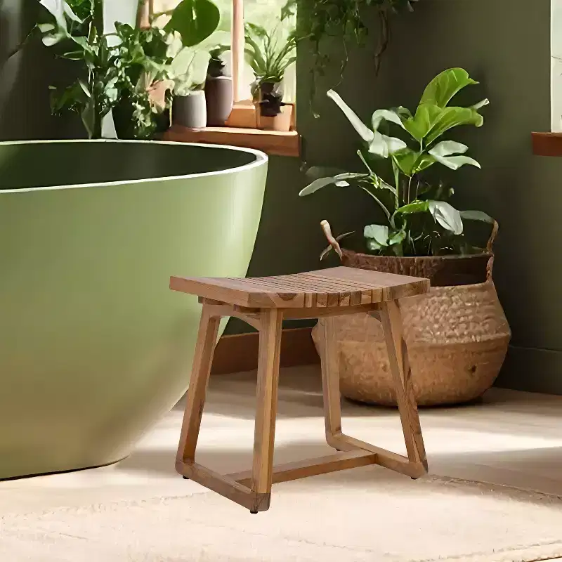 Sunnydaze 19 Solid Teak Wood Shower Bench with Ergonomic Curved Design
