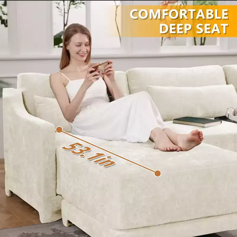 4-Seater Solid Wood Frame Chenille Beige Sofa with Lumbar Pillow High Resilience Sponge Easy Install