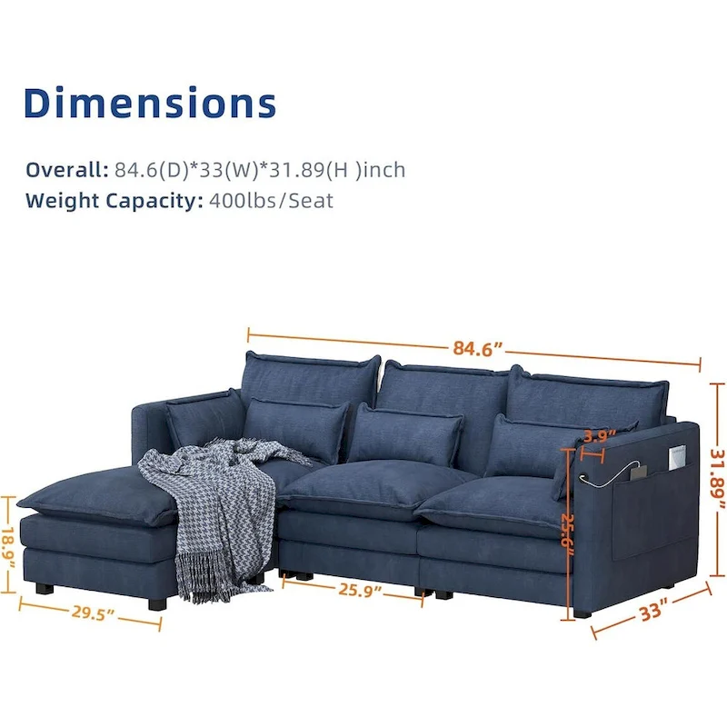 Modular Sectional Sofa L Shaped Couch, 3/4 Seat Sofa Set with Ottoman, Chenille Fabric