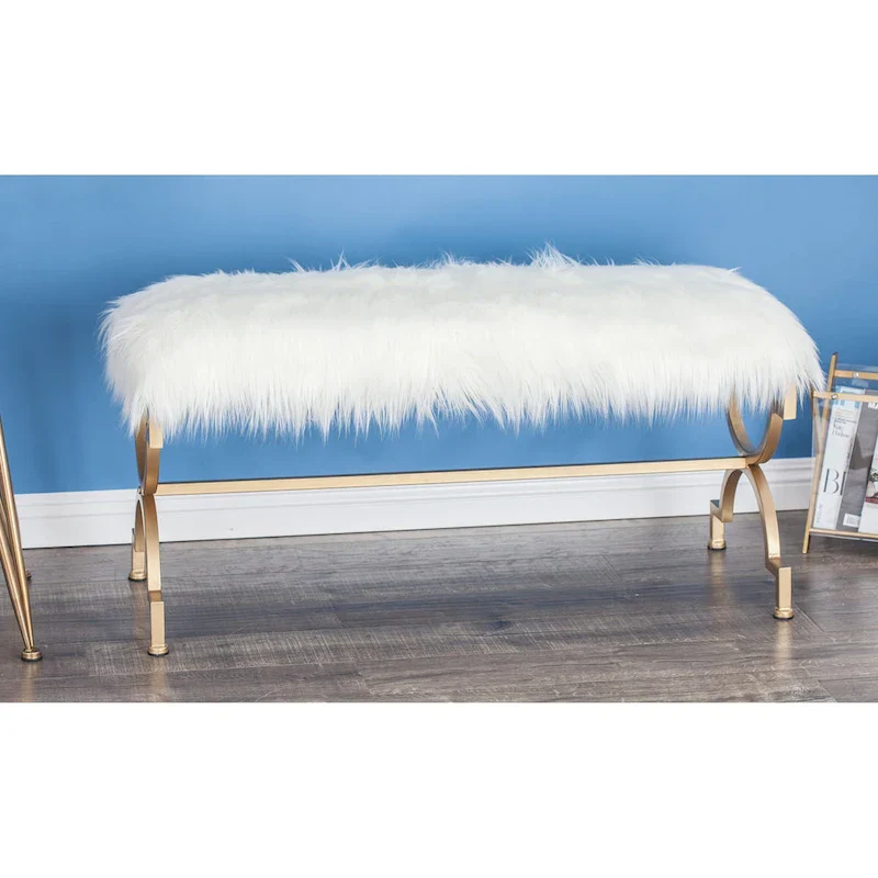 Gold Metal Bench - White Faux Fur Seat - 42