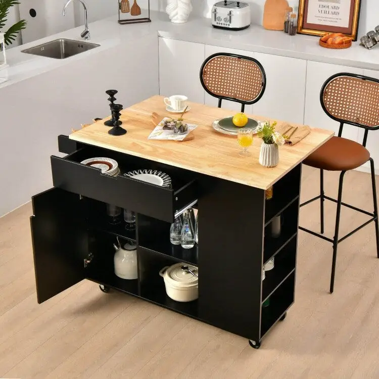 Drop-Leaf Kitchen Island with Rubber Wood Top - 49 x 30 x 36(L x W x H)