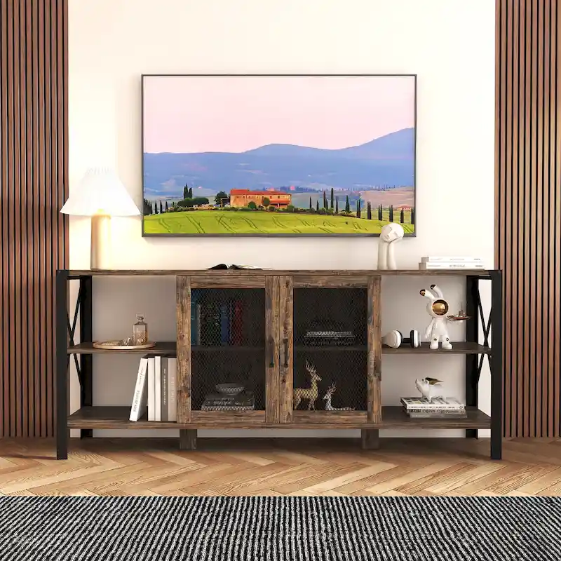 Industrial Farmhouse TV Stand with 4 Storage Shelf and 2 Storage Cabinets for Living Rooms and Kitchens