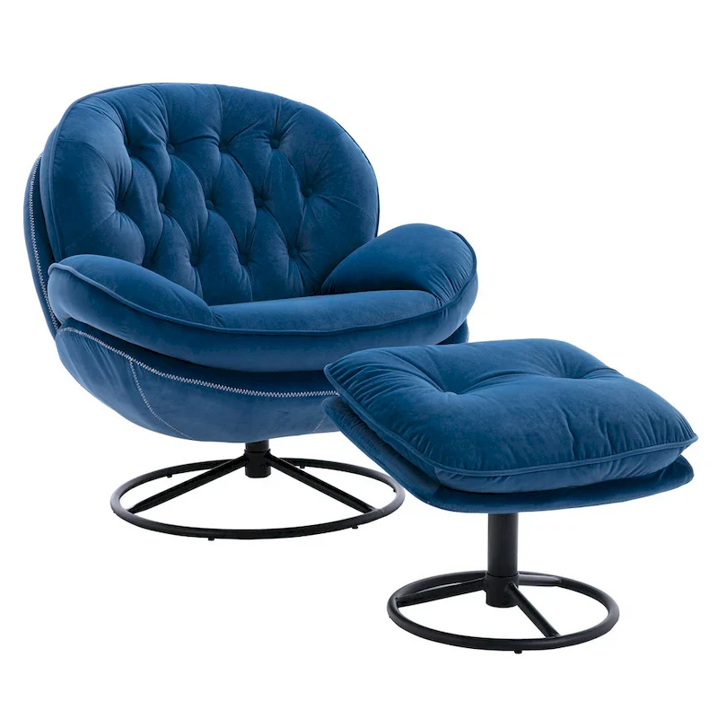 Blue Modern 31.73 Upholstered Swivel Buttons Tufted Accent Chair with Ottoman and Black Metal Legs