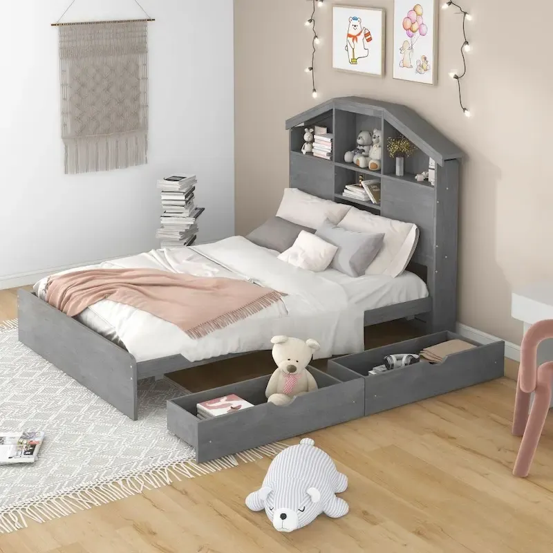 Full Size Wood Platform Bed with House-shaped Storage Headboard and 2 Drawers