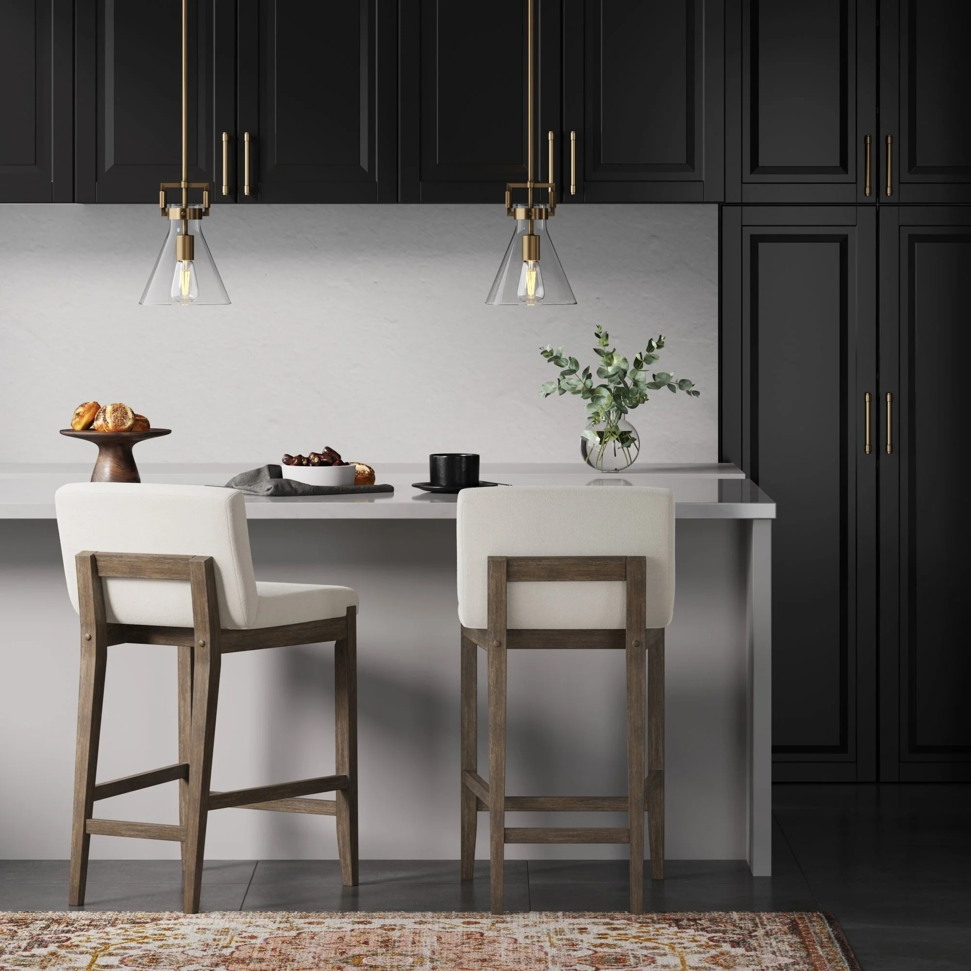 Gracie Modern Bar Stool, Boucle Upholstered Chair and Brushed Wooden Legs